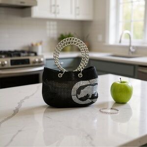 Vintage Ecko mini black bag w/silver tone circular chain handles, 🦏 logo 🩶